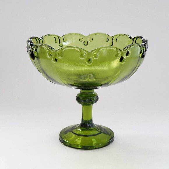 Indiana Glass Other - Vintage Indiana Glass Garland Pedestal Compote Dish, Avocado Green Teardrop Edge